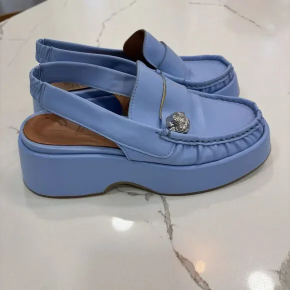 Ganni Loafers Womens Size 8 EU 38 Retro Slingback Platform Shoes Blue Leather - Picture 3 of 12